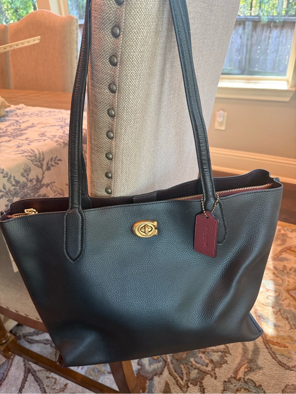 Coach Pebbled Leather Tote in Black with Burgundy Tag and Gold Hardware